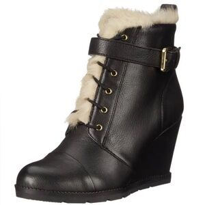 Kate Spade Black and Cream Wedges faux fur with Lace-Up Design